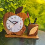Handcrafted Wooden Apple Desk Clock with Pen Holder – Premium Wooden Table Clock & Office Organizer