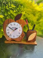 Handcrafted Wooden Apple Desk Clock with Pen Holder – Premium Wooden Table Clock & Office Organizer