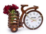 Handcrafted Wooden Bicycle Table Clock with Flower Holder – Decorative Wooden Desk Clock for Home & Office