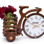 Handcrafted Wooden Bicycle Table Clock with Flower Holder – Decorative Wooden Desk Clock for Home & Office