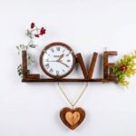 Handcrafted Wooden LOVE Wall Clock with Flower Vase & Heart Pendant – Decorative Wooden Wall Decor
